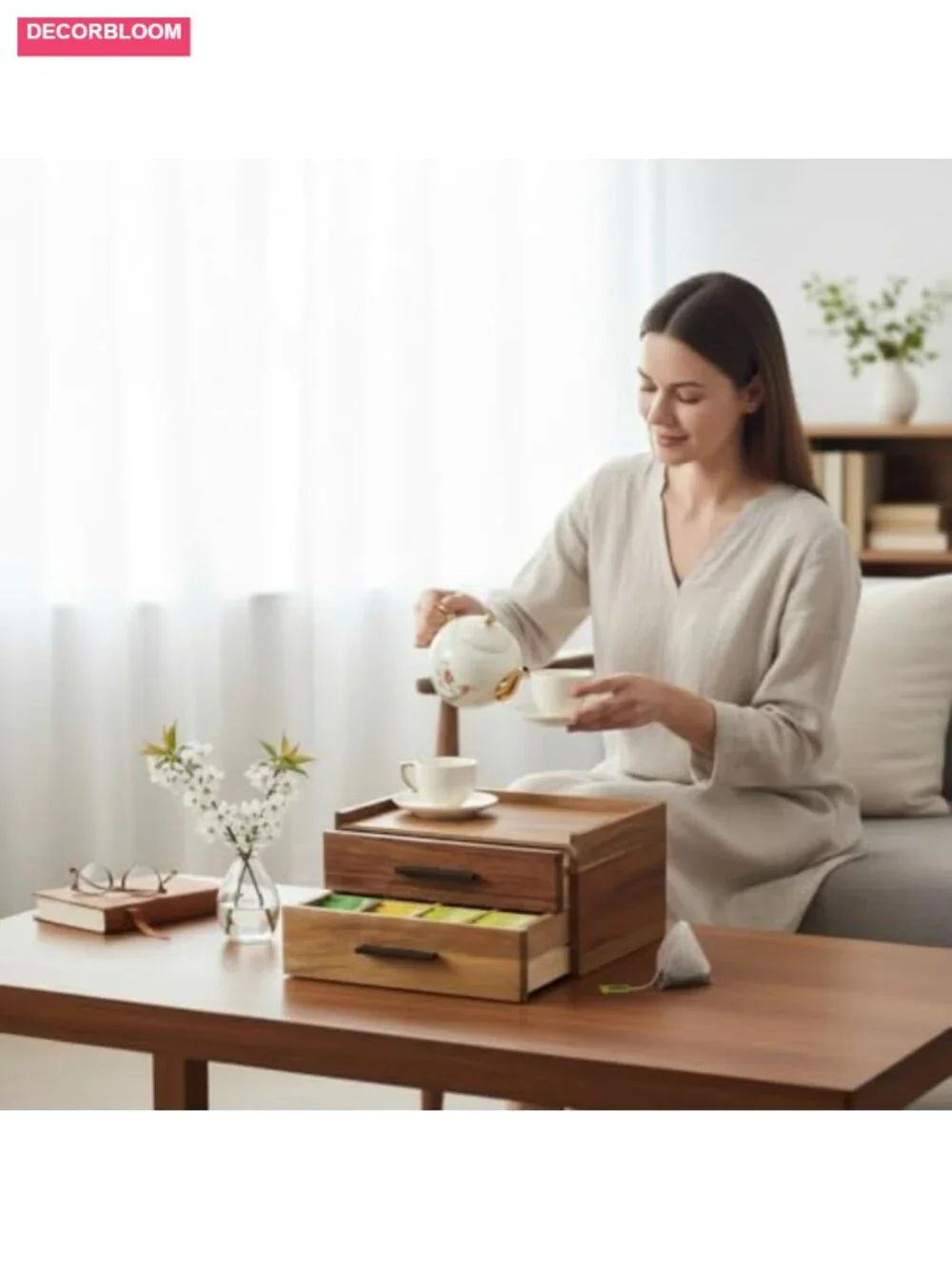 Acacia Wood Tea Bag Organizer Double Drawer Storage Box with Dividers